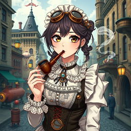 A 19-year-old female maid dressed in elaborate steampunk clothing, incorporating Victorian elements such as lace, corsets, and decorative gears, completing her outfit with stylish goggles
