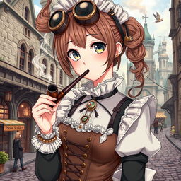 A 19-year-old female maid dressed in elaborate steampunk clothing, incorporating Victorian elements such as lace, corsets, and decorative gears, completing her outfit with stylish goggles