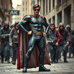 A heroic figure dressed in a modern and realistic superhero costume, standing confidently in front of a group of unruly hooligans