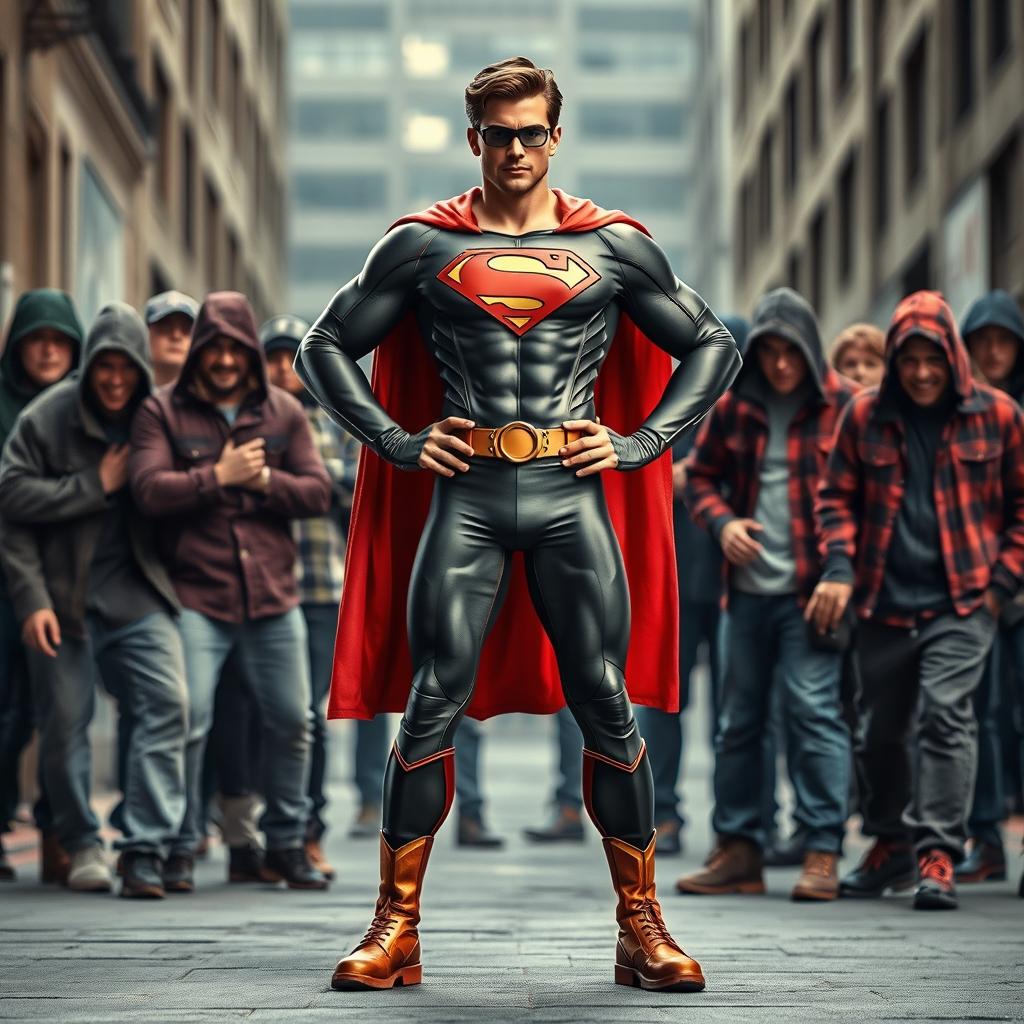 A heroic figure dressed in a modern and realistic superhero costume, standing confidently in front of a group of unruly hooligans