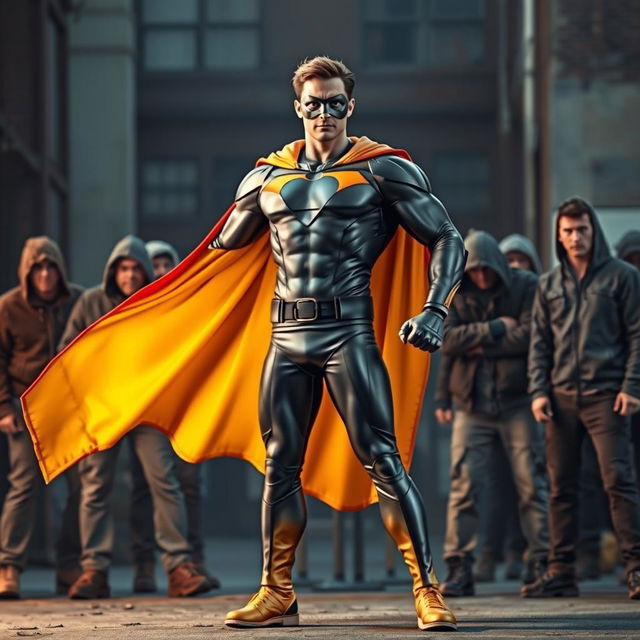 A heroic figure dressed in a modern and realistic superhero costume, standing confidently in front of a group of unruly hooligans