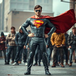A heroic figure dressed in a modern and realistic superhero costume, standing confidently in front of a group of unruly hooligans