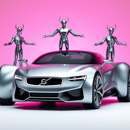 A futuristic silver Volvo car with a sleek, modern design, featuring three metallic figures standing on top of it