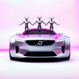 A futuristic silver Volvo car with a sleek, modern design, featuring three metallic figures standing on top of it