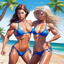 An intensely detailed digital art image features a woman with extremely muscular abs, medium-sized breasts, and captivating blue eyes