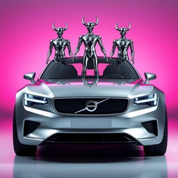 A futuristic silver Volvo car with a sleek, modern design, featuring three metallic figures standing on top of it
