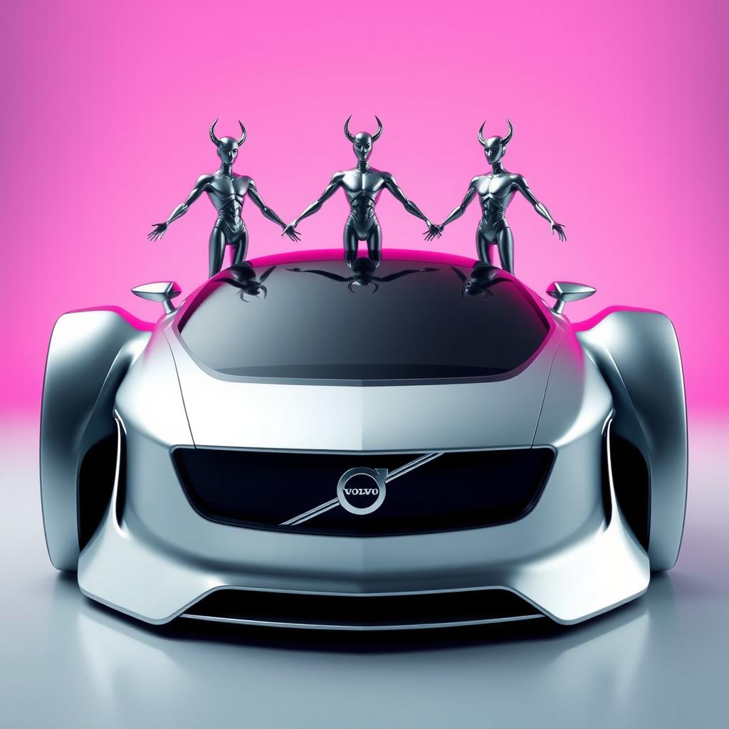 A futuristic silver Volvo car with a sleek, modern design, featuring three metallic figures standing on top of it