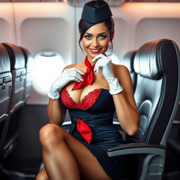 A sexy light-skinned flight attendant wearing a dark blue uniform with a mini skirt and a stylish flight attendant hat