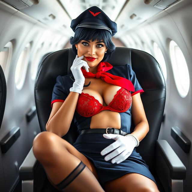 A sexy light-skinned flight attendant in a dark blue uniform, featuring a fitted mini skirt and a stylish flight attendant hat