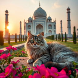 A majestic scene featuring a fluffy, playful cat resting gracefully at the base of the Taj Mahal, with its stunning white marble dome and intricate carvings in the background