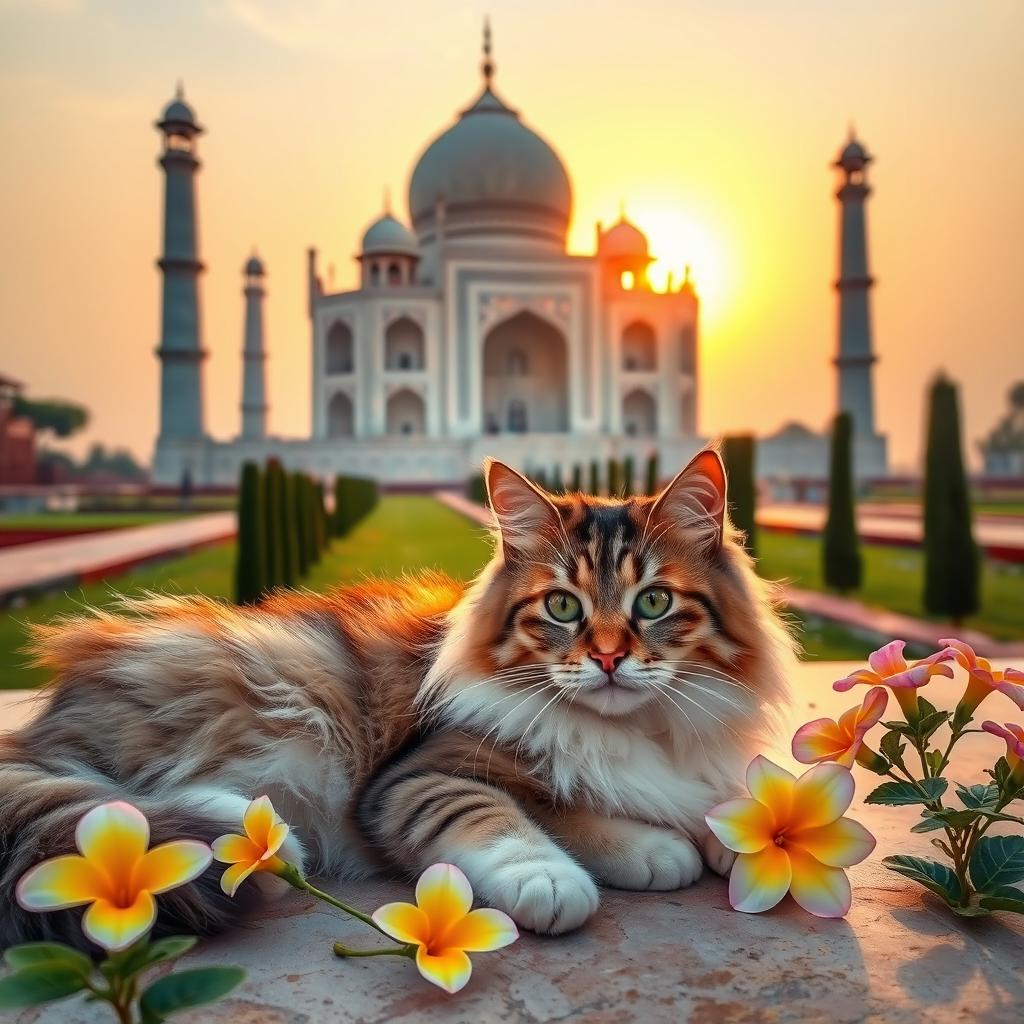 A majestic scene featuring a fluffy, playful cat resting gracefully at the base of the Taj Mahal, with its stunning white marble dome and intricate carvings in the background