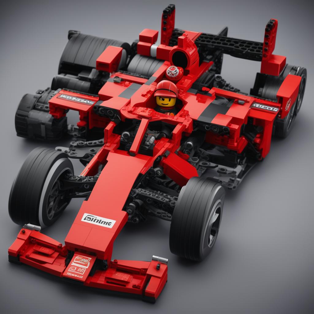 A high-quality digital art image of a detailed LEGO Formula 1 car in vibrant red with black tires and visible engine components, on a gray surface