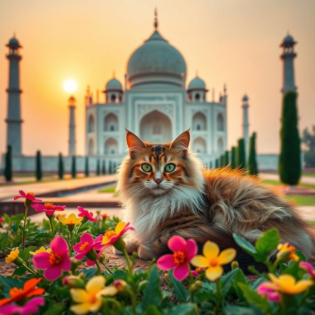 A majestic scene featuring a fluffy, playful cat resting gracefully at the base of the Taj Mahal, with its stunning white marble dome and intricate carvings in the background