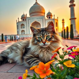A majestic scene featuring a fluffy, playful cat resting gracefully at the base of the Taj Mahal, with its stunning white marble dome and intricate carvings in the background