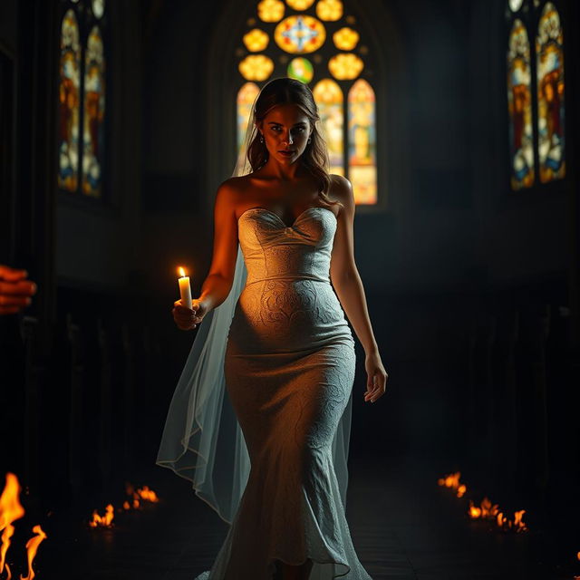 A beautiful young bride walking through fire toward the viewer, holding a single candle that illuminates her path in the dark, atmospheric interior of a church featuring stunning stained glass windows