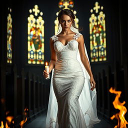 A beautiful young bride walking through fire toward the viewer, holding a single candle that illuminates her path in the dark, atmospheric interior of a church featuring stunning stained glass windows