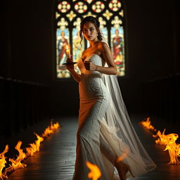 A beautiful young bride walking through fire toward the viewer, holding a single candle that illuminates her path in the dark, atmospheric interior of a church featuring stunning stained glass windows