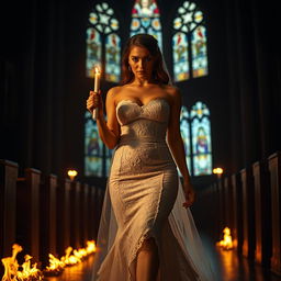 A beautiful young bride walking through fire toward the viewer, holding a single candle that illuminates her path in the dark, atmospheric interior of a church featuring stunning stained glass windows
