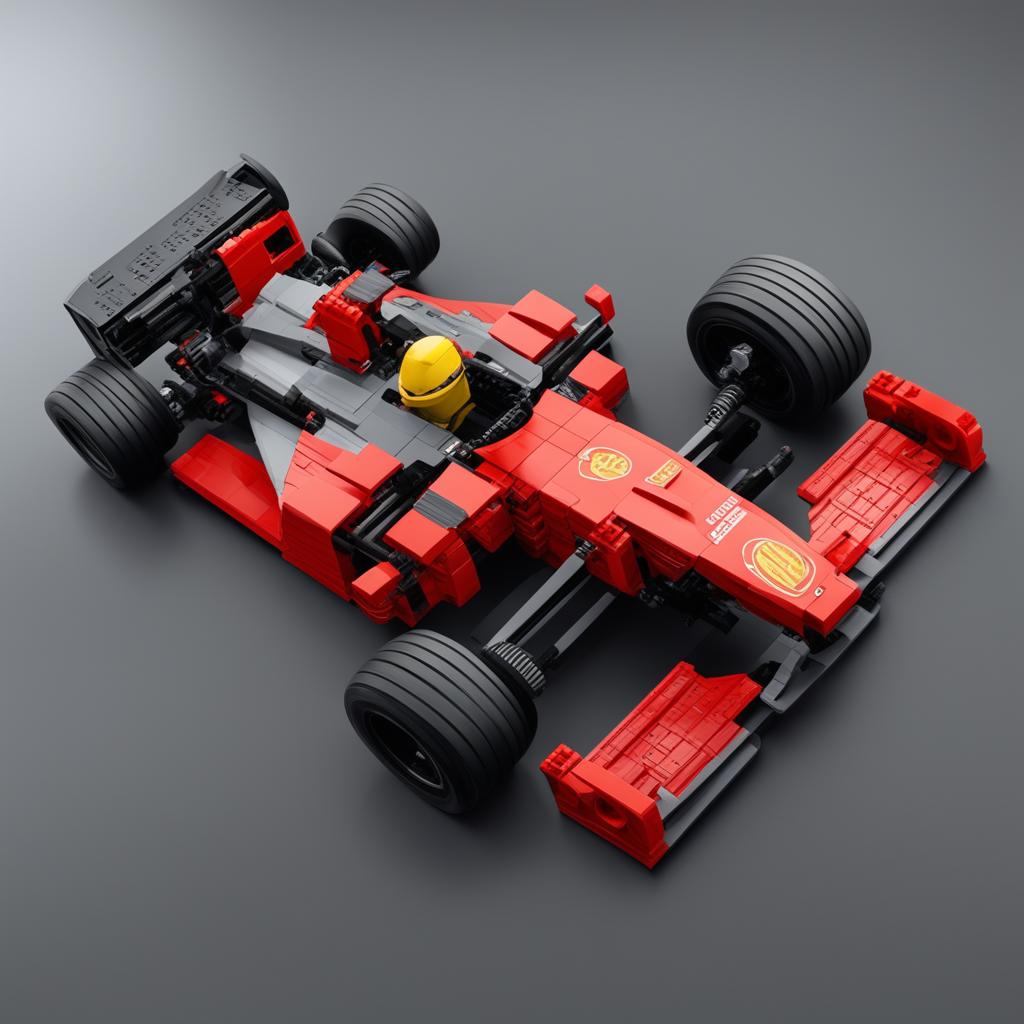 A high-quality digital art image of a detailed LEGO Formula 1 car in vibrant red with black tires and visible engine components, on a gray surface