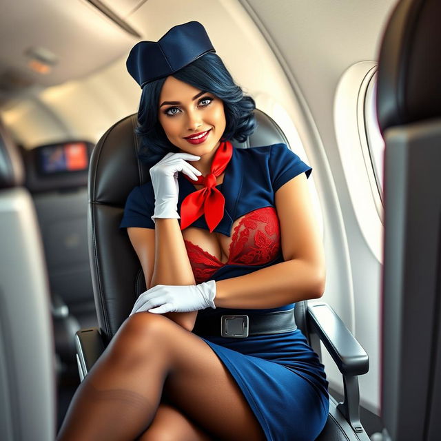 A sexy light-skinned flight attendant in a stylish dark blue uniform, which includes a fitted mini skirt and a classic flight attendant hat