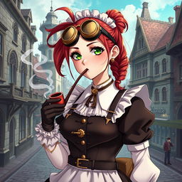 A 19-year-old female maid dressed in detailed steampunk clothing, featuring Victorian elements like corsets, gears, and stylish goggles