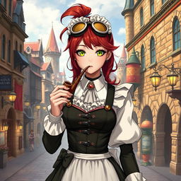 A 19-year-old female maid dressed in detailed steampunk clothing, featuring Victorian elements like corsets, gears, and stylish goggles