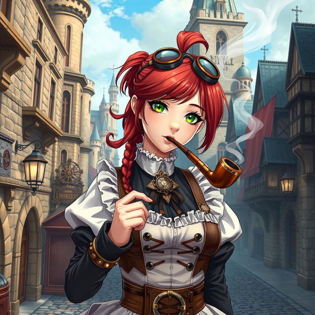 A 19-year-old female maid dressed in detailed steampunk clothing, featuring Victorian elements like corsets, gears, and stylish goggles