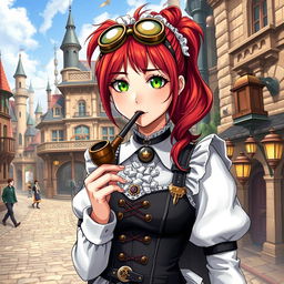 A 19-year-old female maid dressed in detailed steampunk clothing, featuring Victorian elements like corsets, gears, and stylish goggles