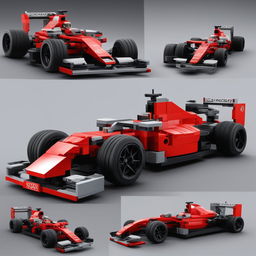 A high-quality digital art image of a detailed LEGO Formula 1 car in vibrant red with black tires and visible engine components, on a gray surface