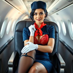 A sexy light-skinned flight attendant in a stylish dark blue uniform consisting of a fitted mini skirt and a chic flight attendant hat