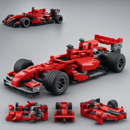 A high-quality digital art image of a detailed LEGO Formula 1 car in vibrant red with black tires and visible engine components, on a gray surface