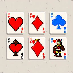 A collection of pixel-art playing cards featuring various suits such as hearts, diamonds, clubs, and spades