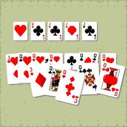 A collection of pixel-art playing cards featuring various suits such as hearts, diamonds, clubs, and spades