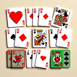 A collection of pixel-art playing cards featuring various suits such as hearts, diamonds, clubs, and spades