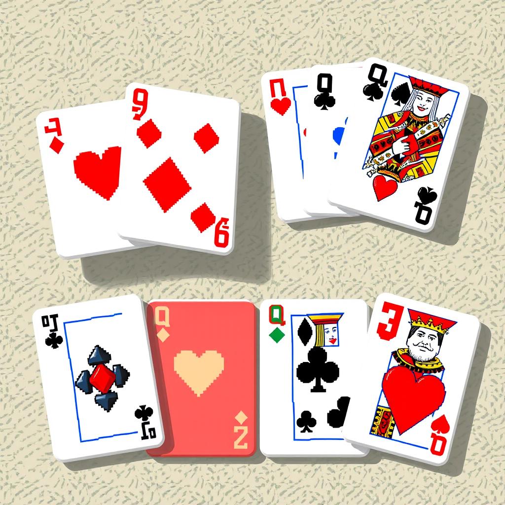 A collection of pixel-art playing cards featuring various suits such as hearts, diamonds, clubs, and spades