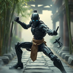 A Warforged monk with a sleek black steel body, showcasing intricate mechanical detailing and joints