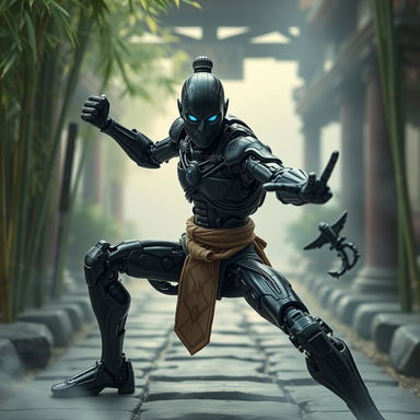 A Warforged monk with a sleek black steel body, showcasing intricate mechanical detailing and joints