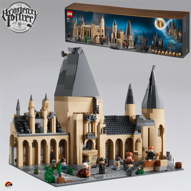 The image features a detailed Lego Harry Potter set on a white background