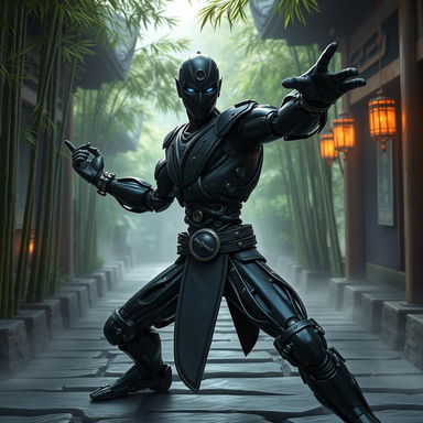 A Warforged monk with a sleek black steel body, showcasing intricate mechanical detailing and joints