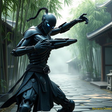 A Warforged monk with a sleek black steel body, showcasing intricate mechanical detailing and joints