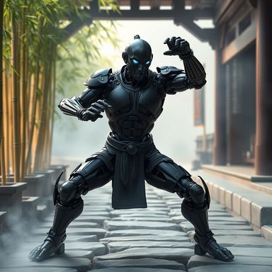 A Warforged monk with a sleek black steel body, showcasing intricate mechanical detailing and joints