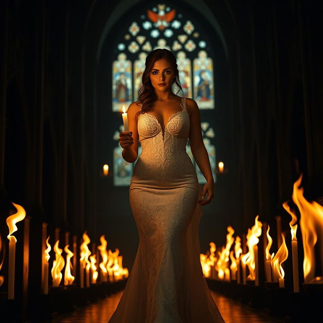 A beautiful curvy young bride walking toward the viewer, holding a single candle in her hand, illuminating the dark interior of a church filled with stunning stained glass windows