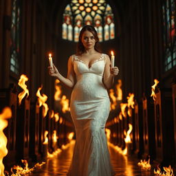 A beautiful curvy young bride walking toward the viewer, holding a single candle in her hand, illuminating the dark interior of a church filled with stunning stained glass windows
