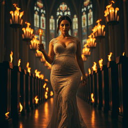 A beautiful curvy young bride walking toward the viewer, holding a single candle in her hand, illuminating the dark interior of a church filled with stunning stained glass windows