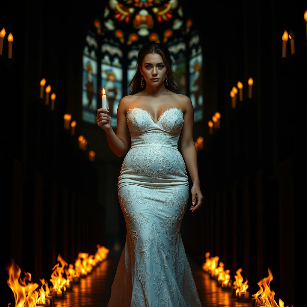 A beautiful curvy young bride walking toward the viewer, holding a single candle in her hand, illuminating the dark interior of a church filled with stunning stained glass windows