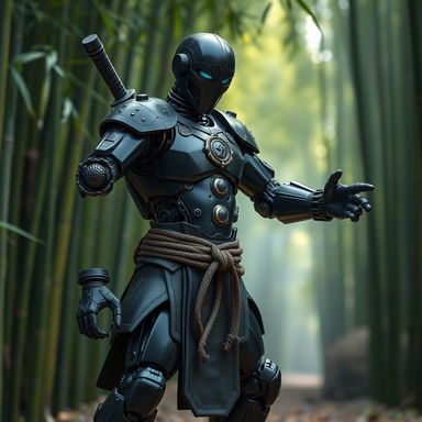 A warforged monk with a black steel body, showcasing intricate mechanical details and polished surfaces