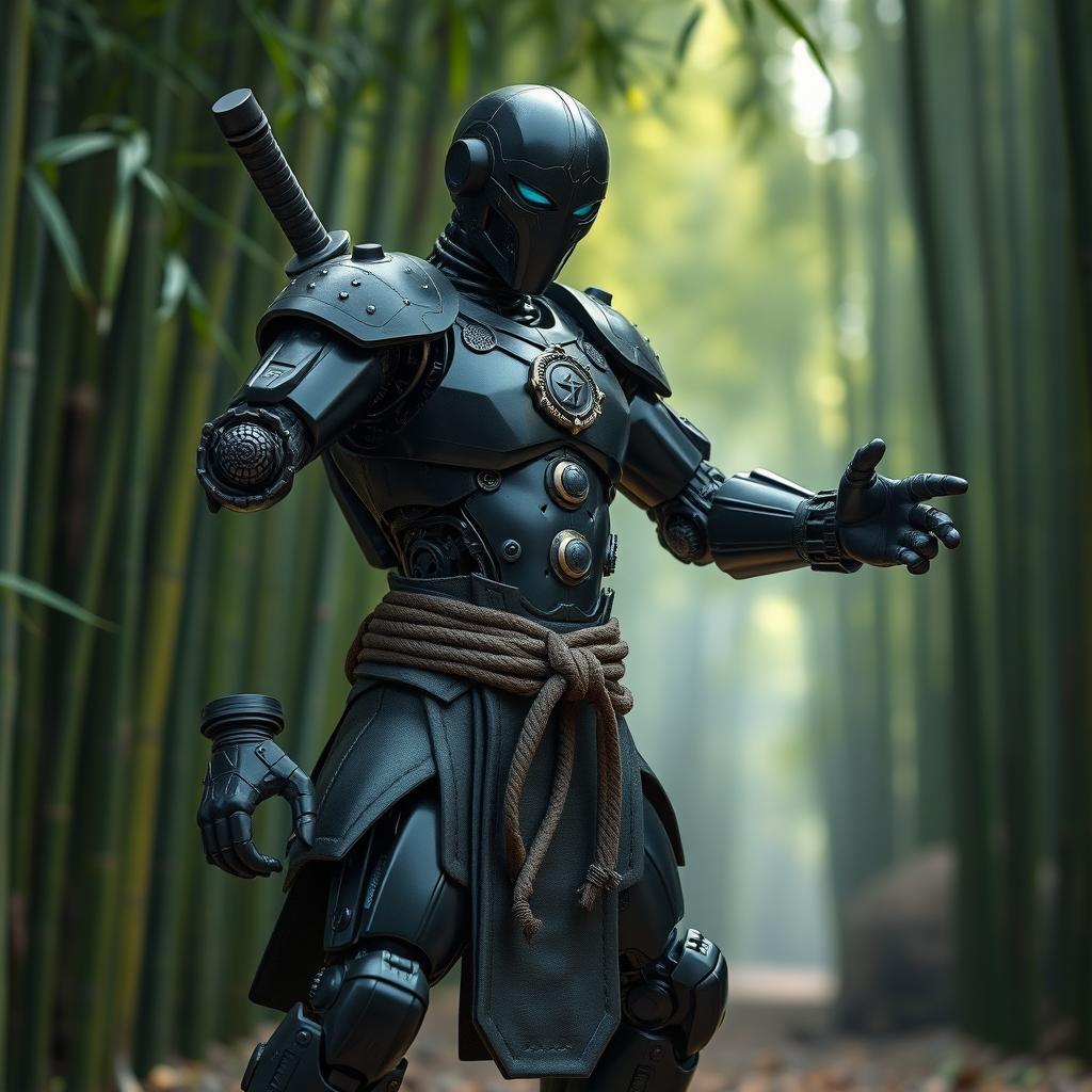 A warforged monk with a black steel body, showcasing intricate mechanical details and polished surfaces