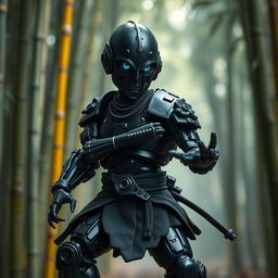 A warforged monk with a black steel body, showcasing intricate mechanical details and polished surfaces