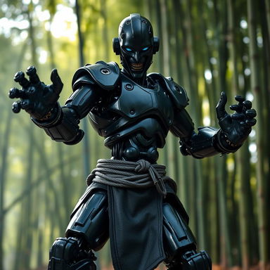 A warforged monk with a black steel body, showcasing intricate mechanical details and polished surfaces