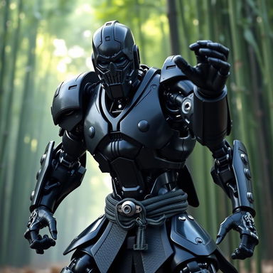 A warforged monk with a black steel body, showcasing intricate mechanical details and polished surfaces